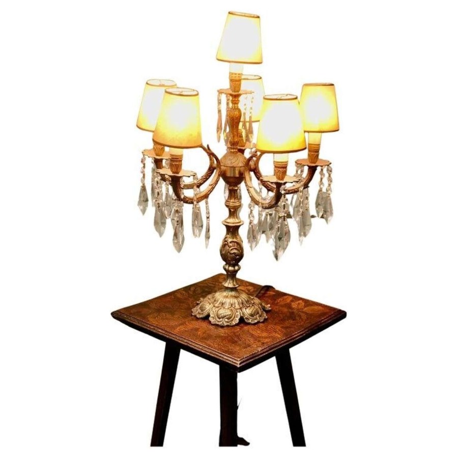 French Brass and Crystal 6 Branch Chandelier Table Lamp, Girandole