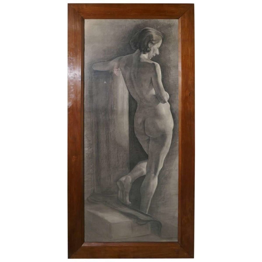 Full Size Female Nude, Framed Study in Charcoal