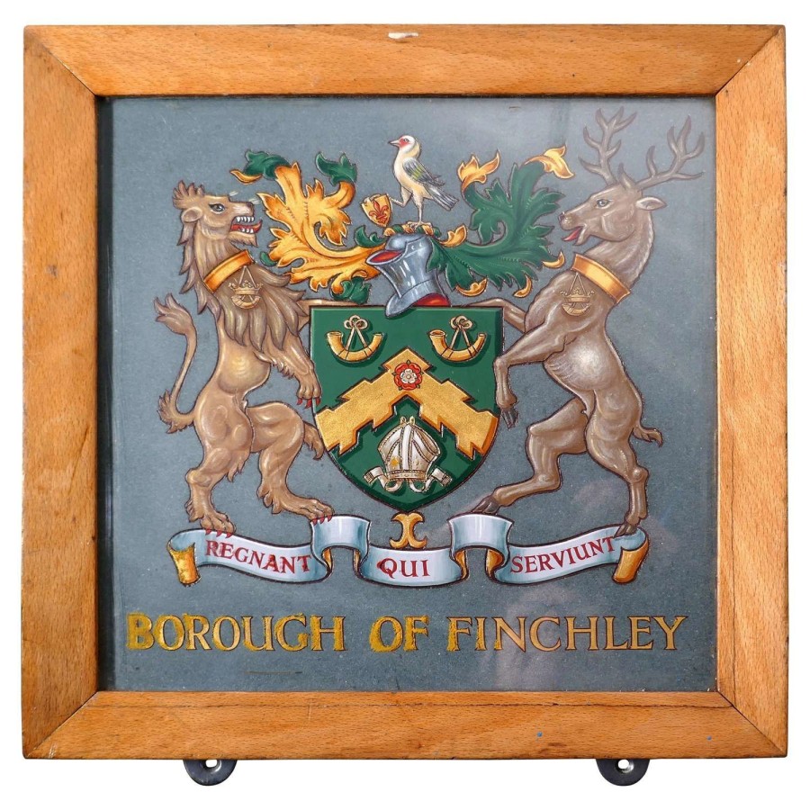 Heraldic Crest Framed Painted on Slate from Borough of Finchley, Coat