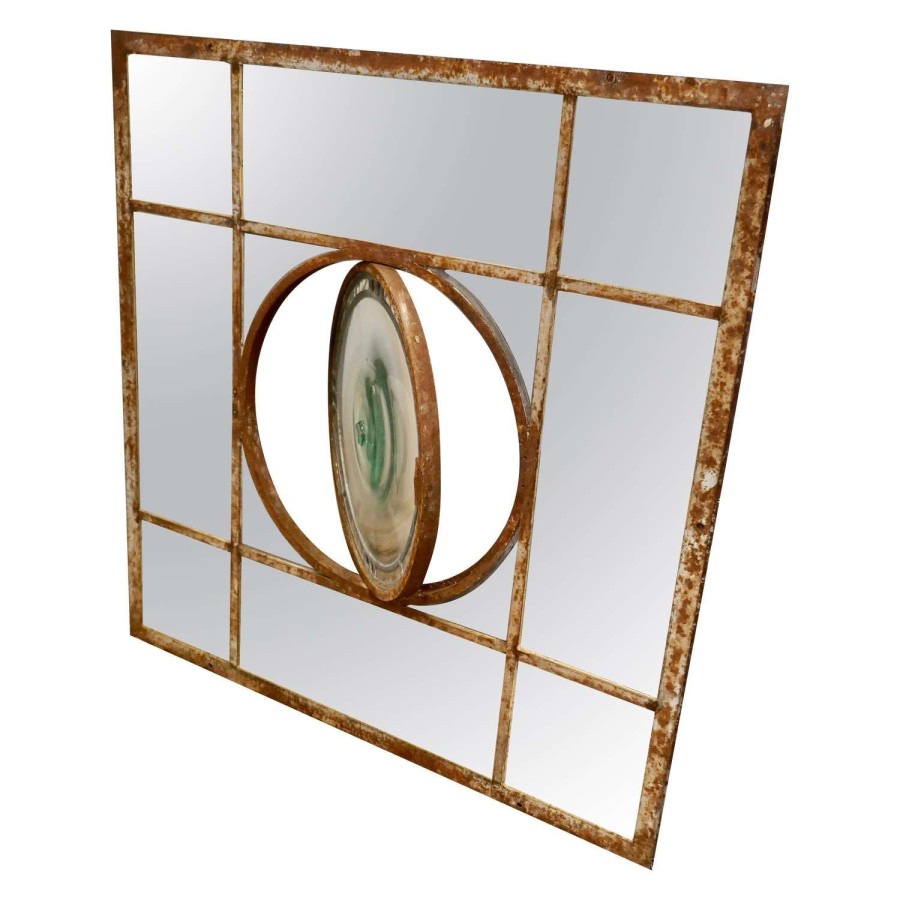 Industrial Square Window Mirror with Central Leaded Bottle Glass Opening