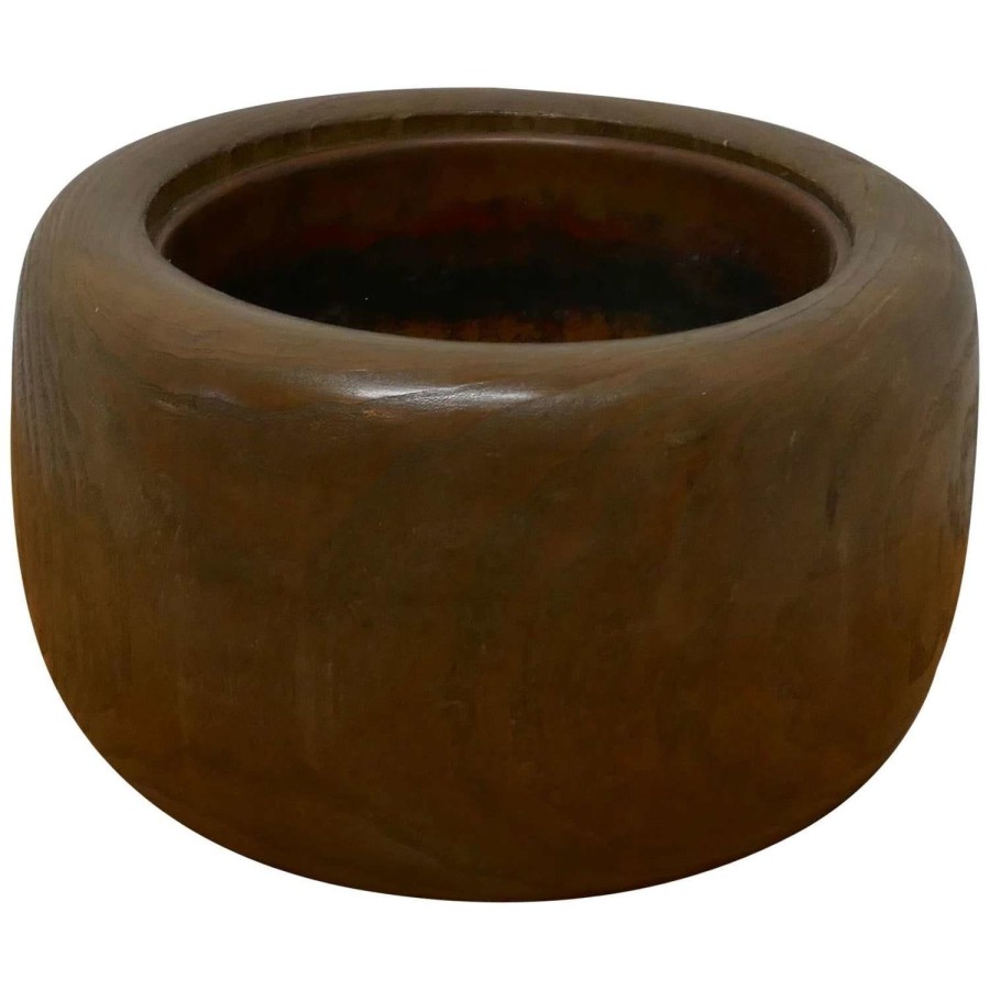 Japanese Sculptured Wood Brazier with Copper Liner