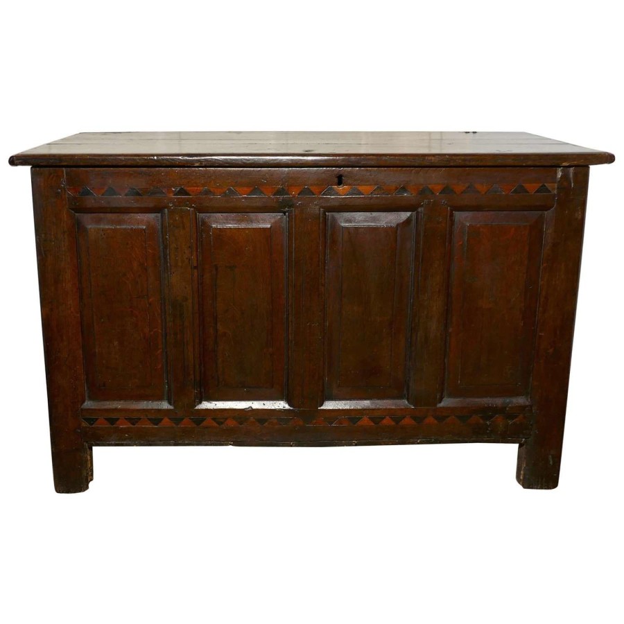 Large 17th Century Inlaid Panelled Oak Coffer