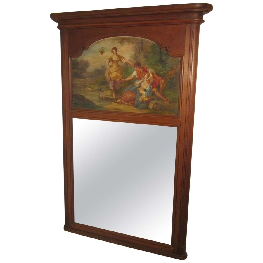Large 19th Century French Oak Trumeau Mirror, Oil on Canvas