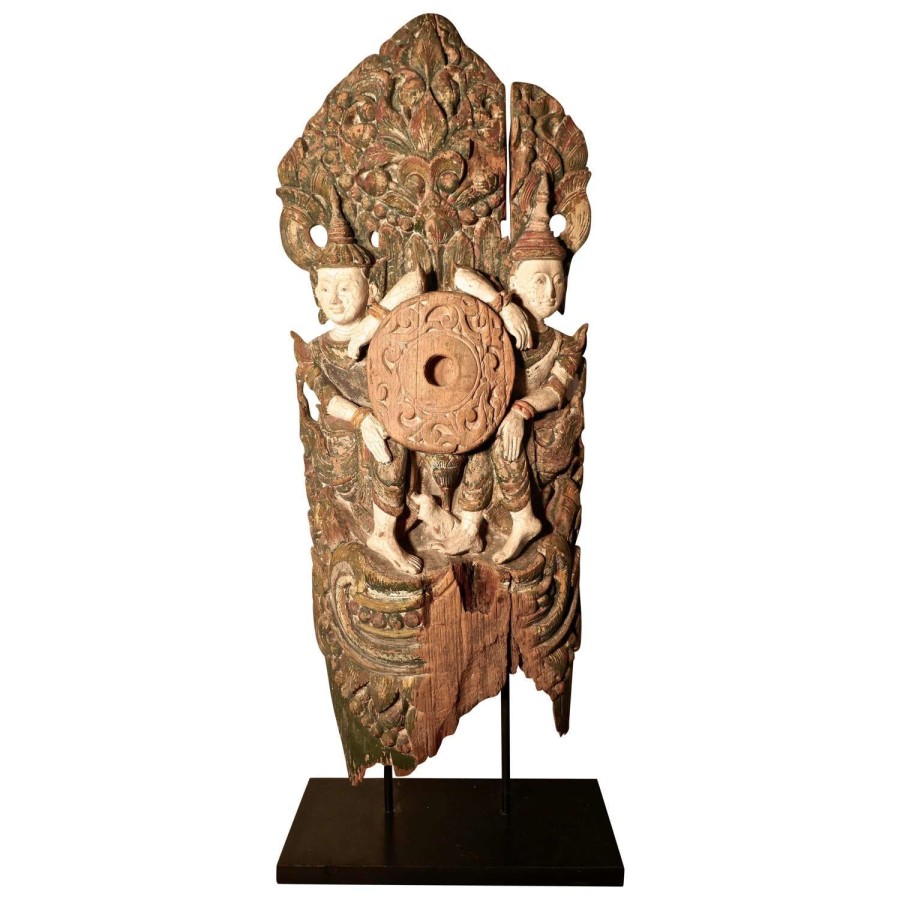 Large Antique Temple Carving, Polychrome Buddhist Statue