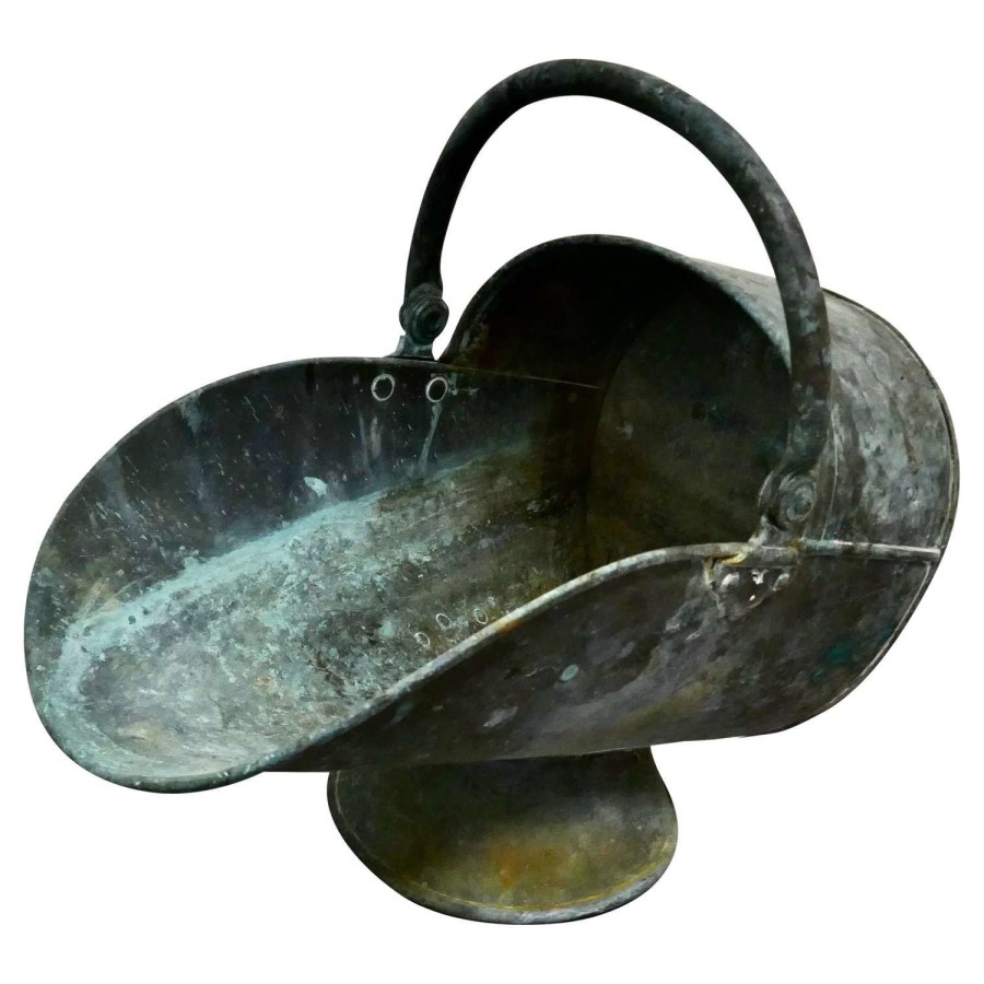 Large Arts %26 Crafts Shabby 'Verdigris' Copper Helmet Coal Scuttle