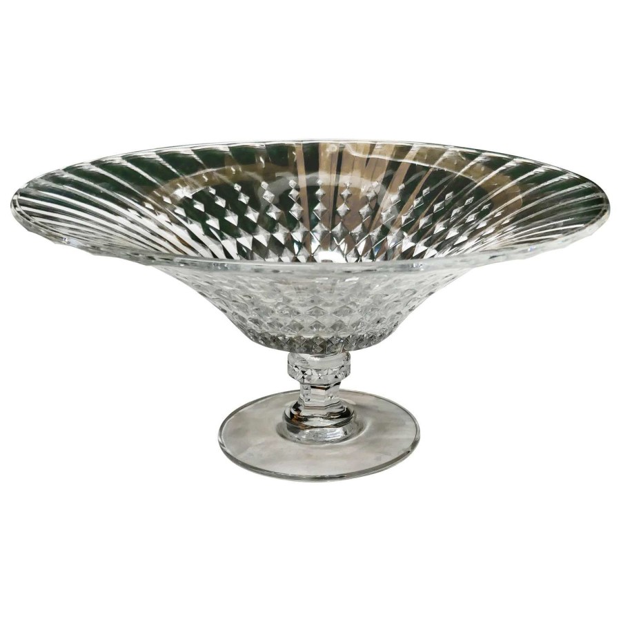 Large French Tazza Diamond Patterned Crystal Pedestal Fruit Dish