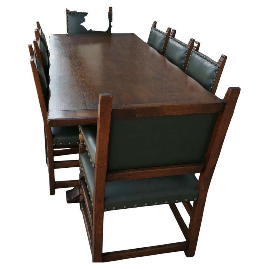 Mid Century Country Oak Refectory Table with Oak and Leather Dining Chairs
