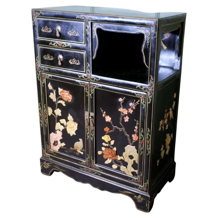 Pretty Black Chinoiserie Cupboard Decorated with Birds and Flowers