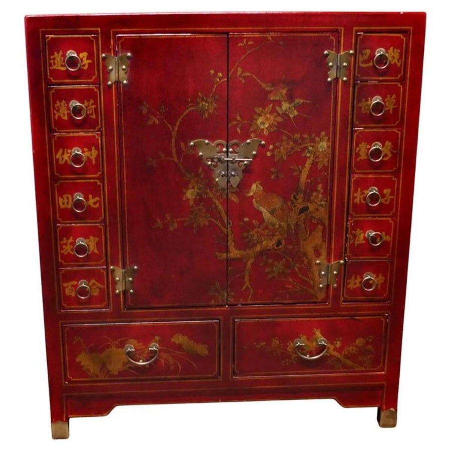 Red Lacquer Apothecaries Many Drawer Cabinet