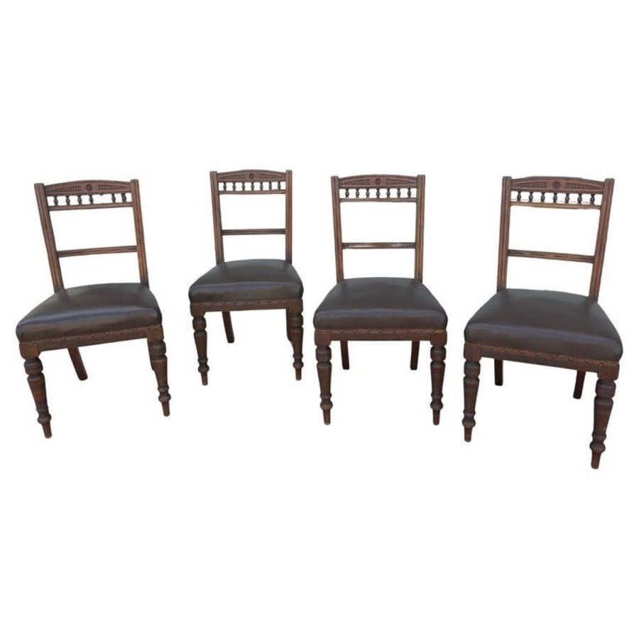 Set of Very Heavy 4 Edwardian Carved Oak and Leather Dining Chairs