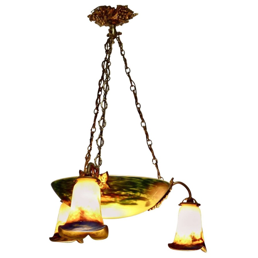 Superb Art Deco Painted Glass 3-Branch Centre Light