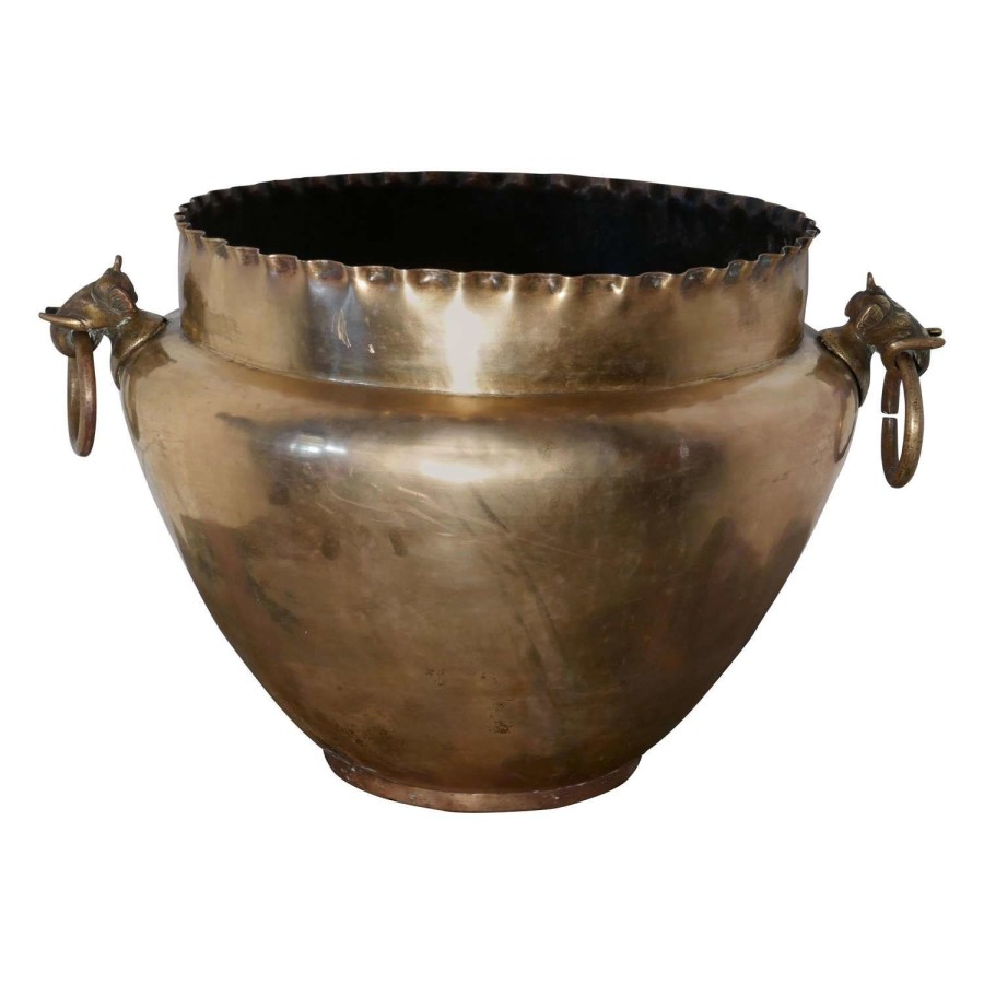 Very Large Brass Jardinière with Elephant Ring Handles