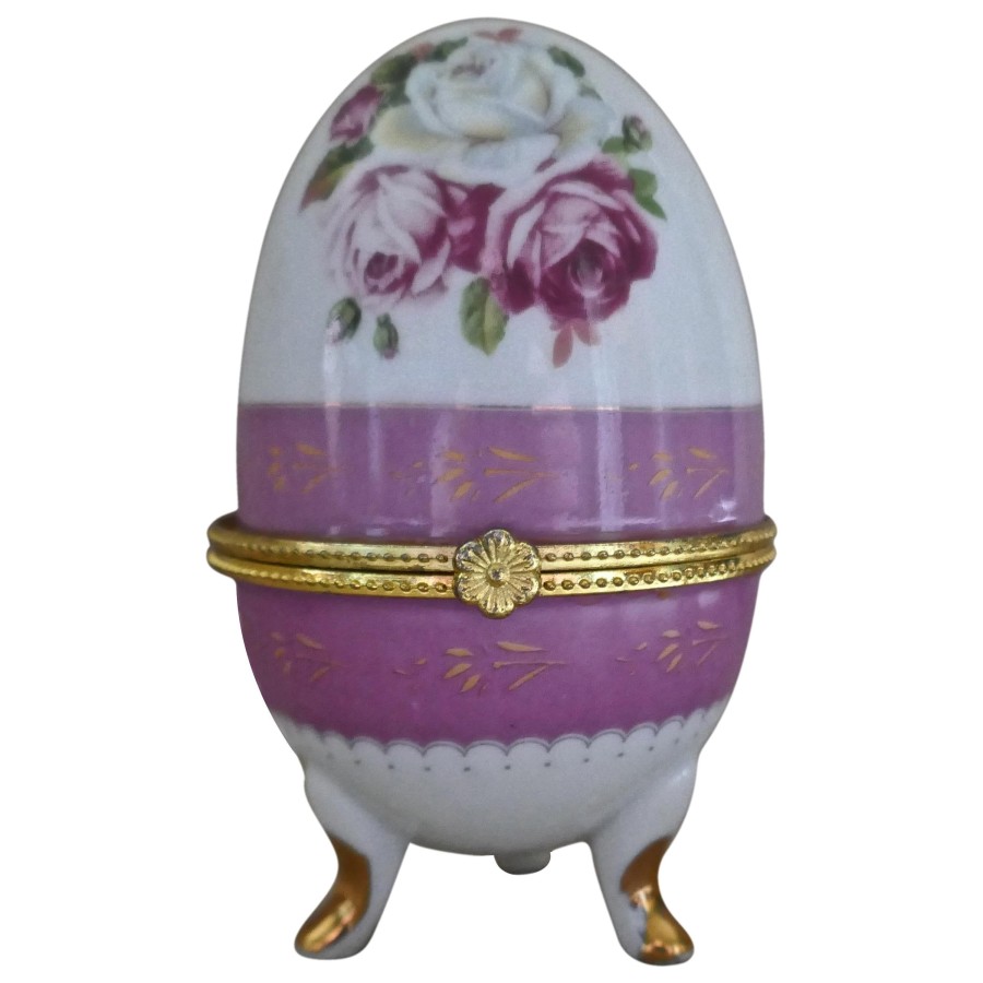 Vintage Rose Chintz Egg Shaped Ceramic Trinket Box with Hinged Lid - Image 2