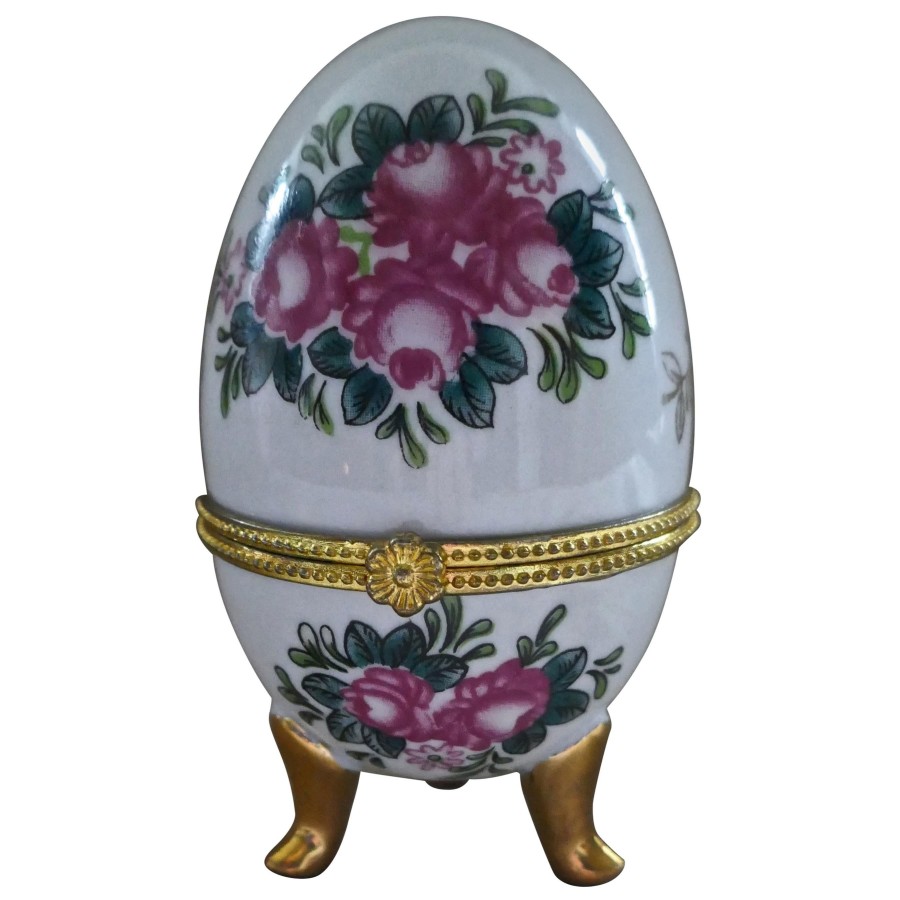 Vintage Rose Chintz Egg Shaped Ceramic Trinket Box with Hinged Lid - Image 2