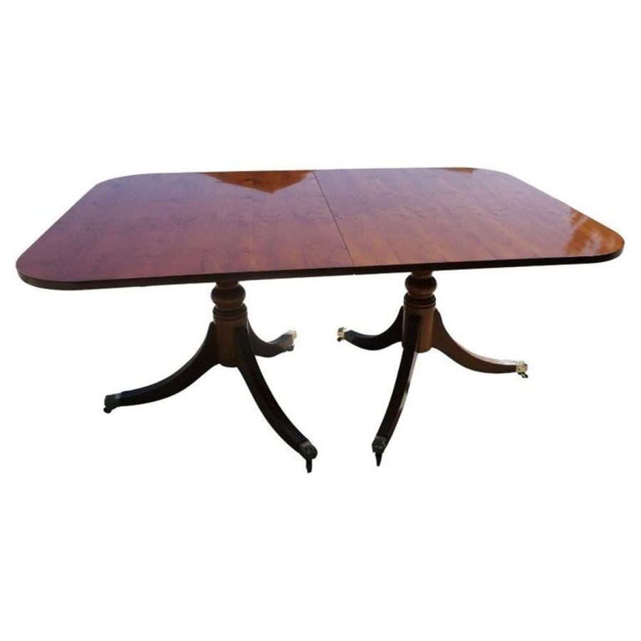 Yew Wood Pedestal Dining Table Extends to Seat 14
