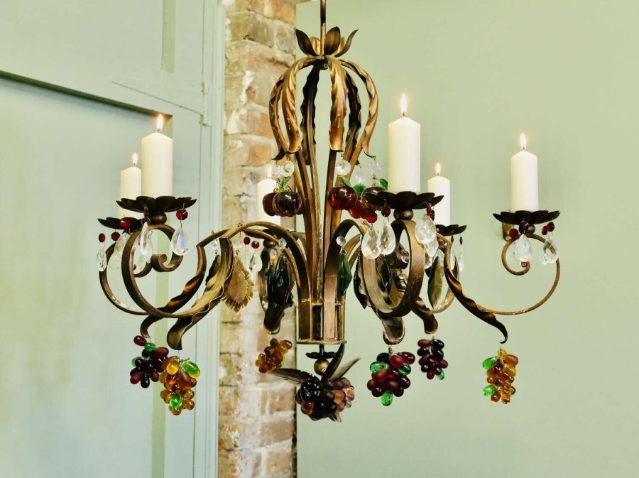 6 Branch Iron Candelier Hung with Coloured Crystal Fruits, Grapes, Apples and Pears