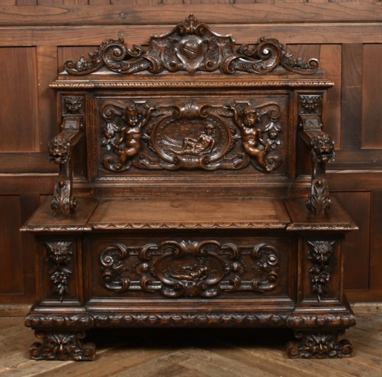 19th Century Italian Carved Walnut Cassapanca Bench SAI4215