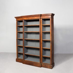 Unusual, Victorian pollard and quarter-cut oak, three-section tall, breakfront open bookcase