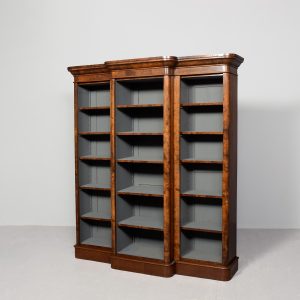 Mid-Victorian, Burr walnut three-section breakfront, open bookcase with 5 adjustable shelves