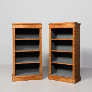 Pair of neat-sized, figured elm Victorian open bookcases with adjustable shelves.