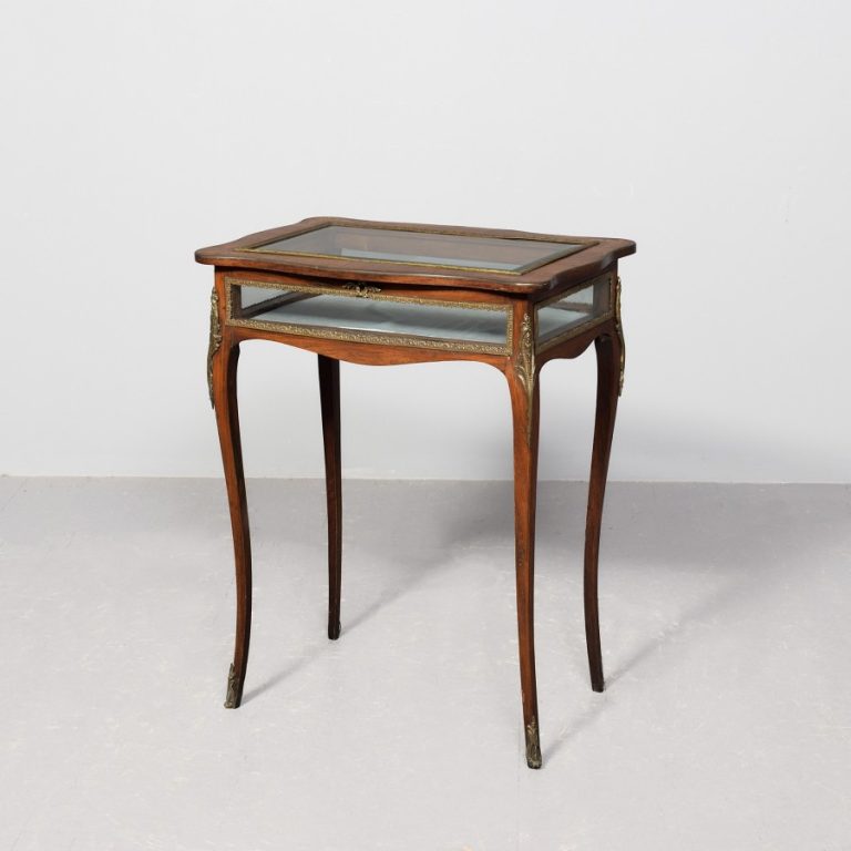 Victorian marquetry inlaid rosewood, brass-mounted bijouterie table