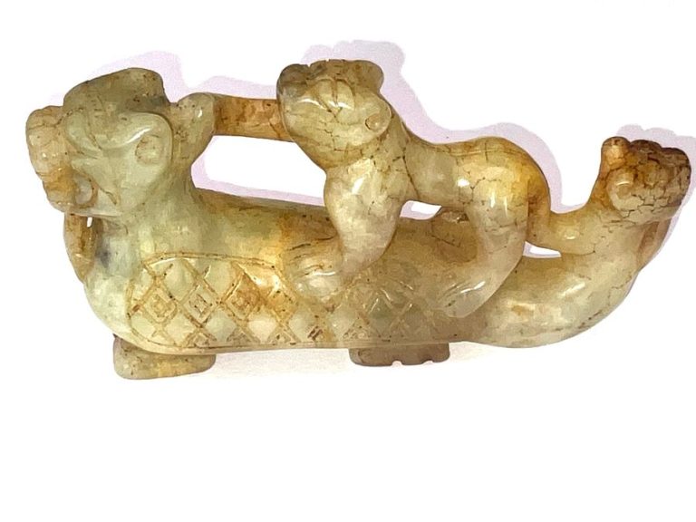 Chinese Carved Cel Jade Mythical Animals, Ming Dynasty or Earlier