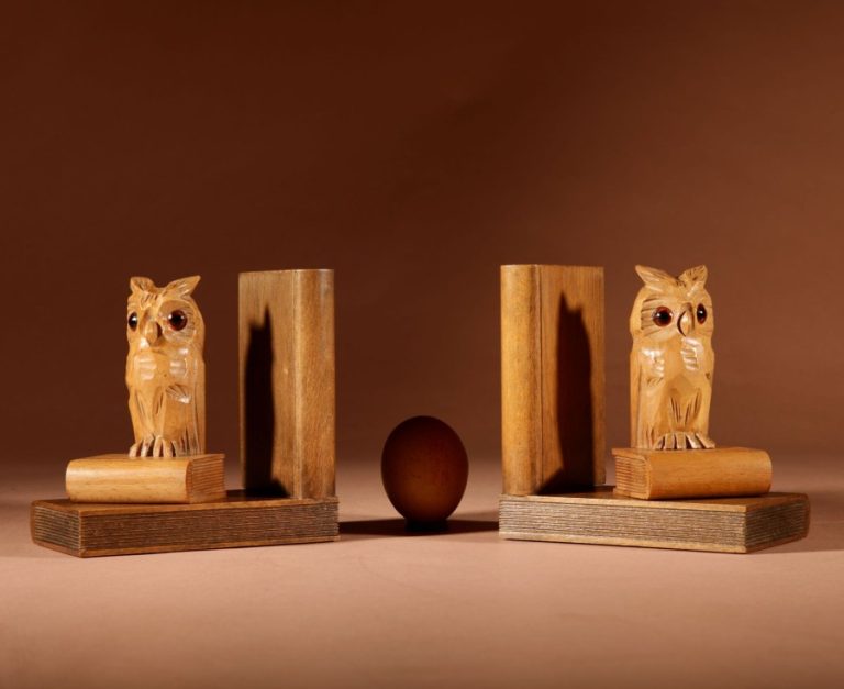 Black Forest Amusing Pair Of Owl Carved Bookends Circa 1900-20.