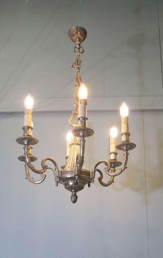A Large French Gilded Brass 6 Branch Chandelier