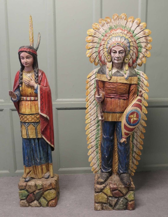 A Pair of Carved & Painted Cigar Store American Indians, Shop Trade Signs