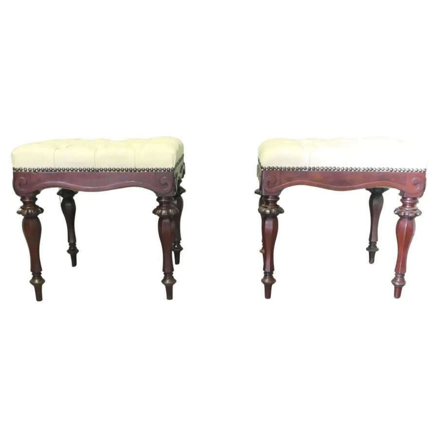 A Pair of Chesterfield Buttoned Leather Walnut Library Window Stools A Lovely pair