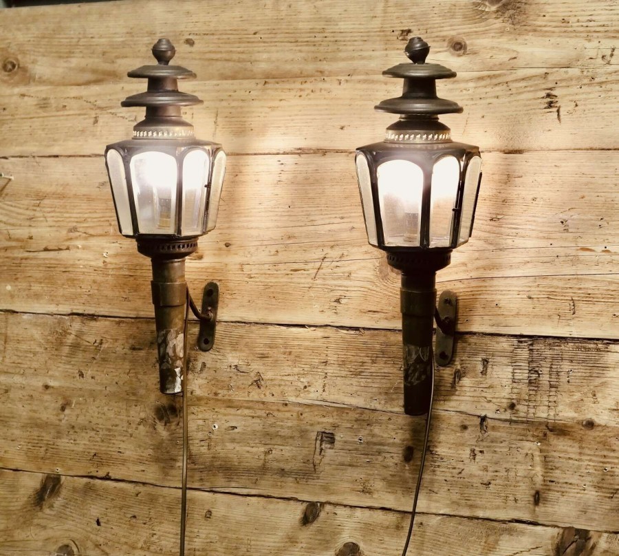 A Pair of French Brass Carriage Lamps, Wall Lanterns An original Pair