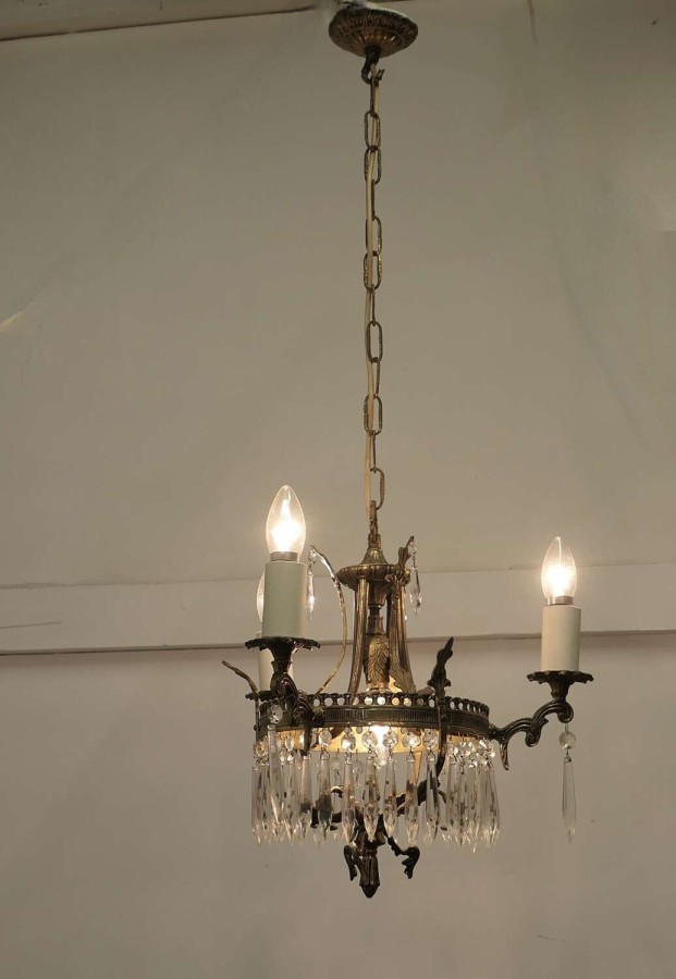 A Stunning 3 Branch Brass and Crystal Chandelier