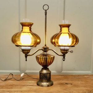 Antique Style Amber Oil Lamp, Twin Brass Table Lamp, This is a large piece