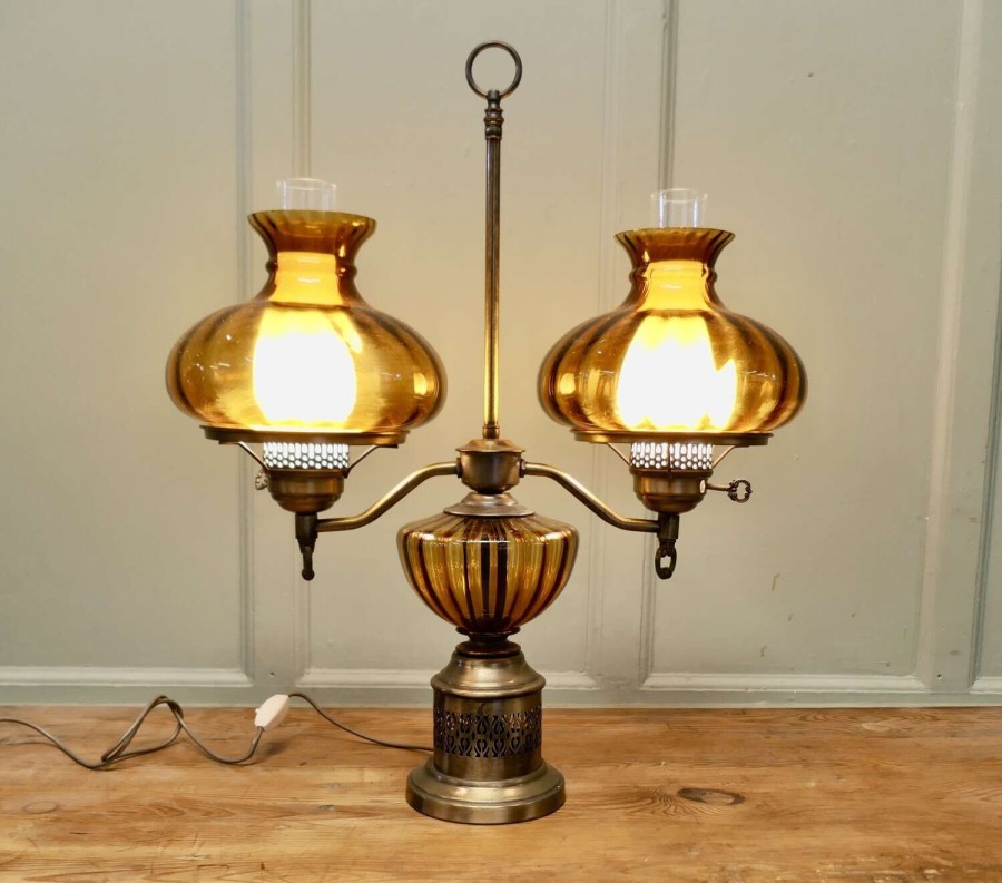 Antique Style Amber Oil Lamp, Twin Brass Table Lamp, This is a large piece