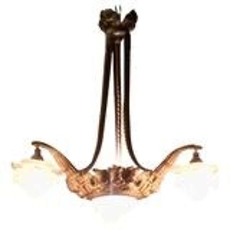 Art Deco Brass and Glass 3 Branch Centre Light