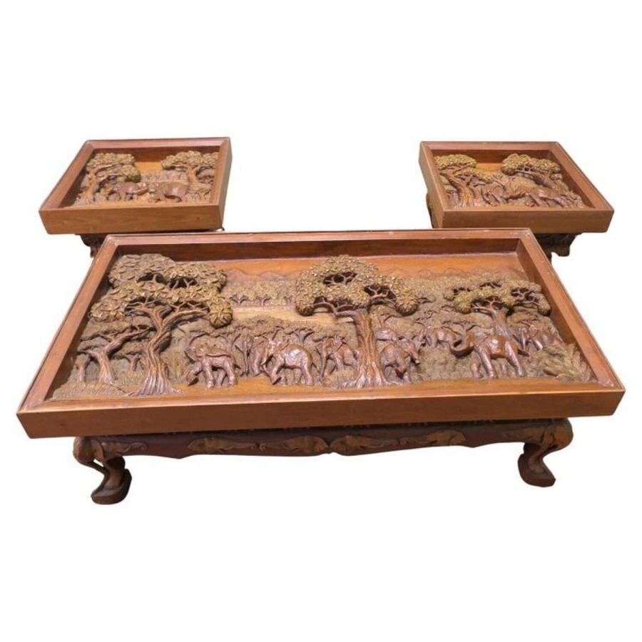 Art Deco Teak Coffee Table Set Carved with Elephants