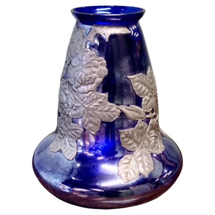 Art Nouveau Cobalt Blue Vase with Pewter Overlay