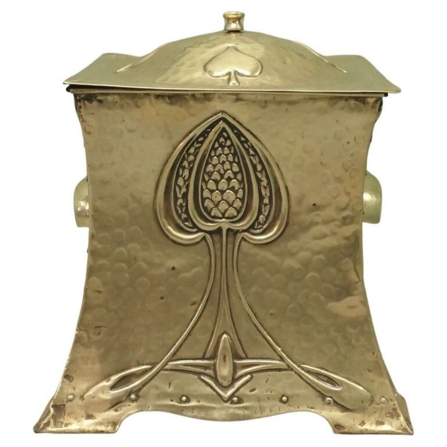 Arts and Crafts Brass Lidded Coal Box, in the Style of Ruskin