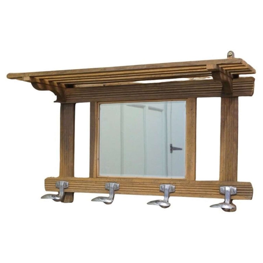 Arts and Crafts French Pine Wall Mirror with Shelf and Coat Hooks