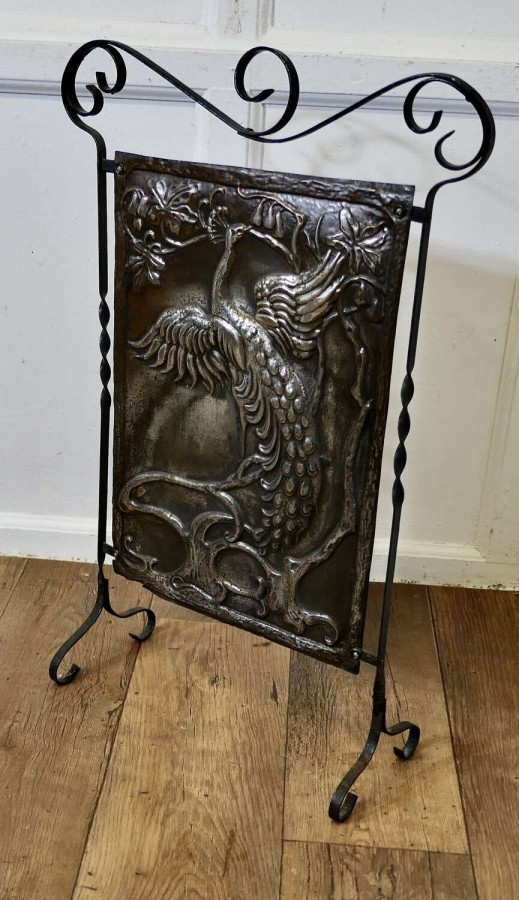 Arts and Crafts Peacock Design Polished Iron Fire Screen