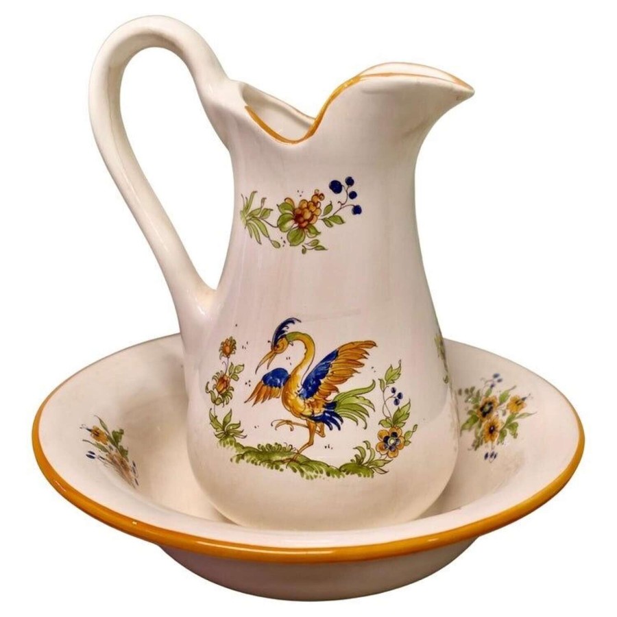 Faience Pitcher and Bowl Hand Painted, Secretary Bird