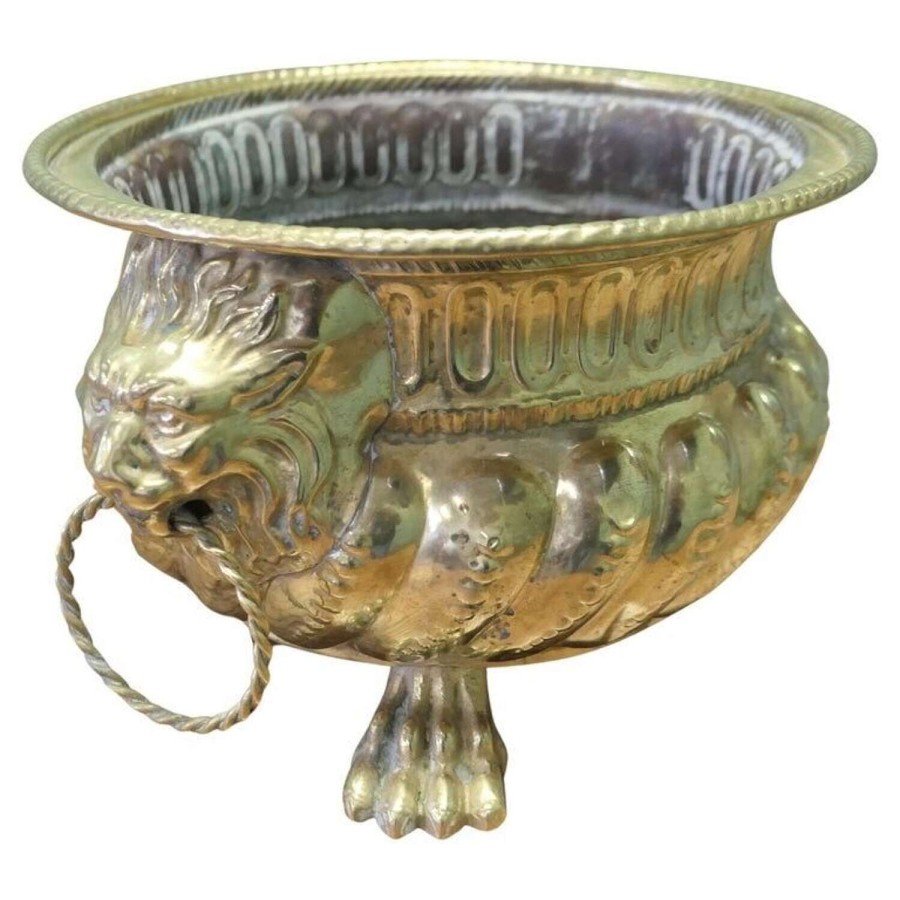 Gothic Brass Jardiniere with Lions Mask Handles