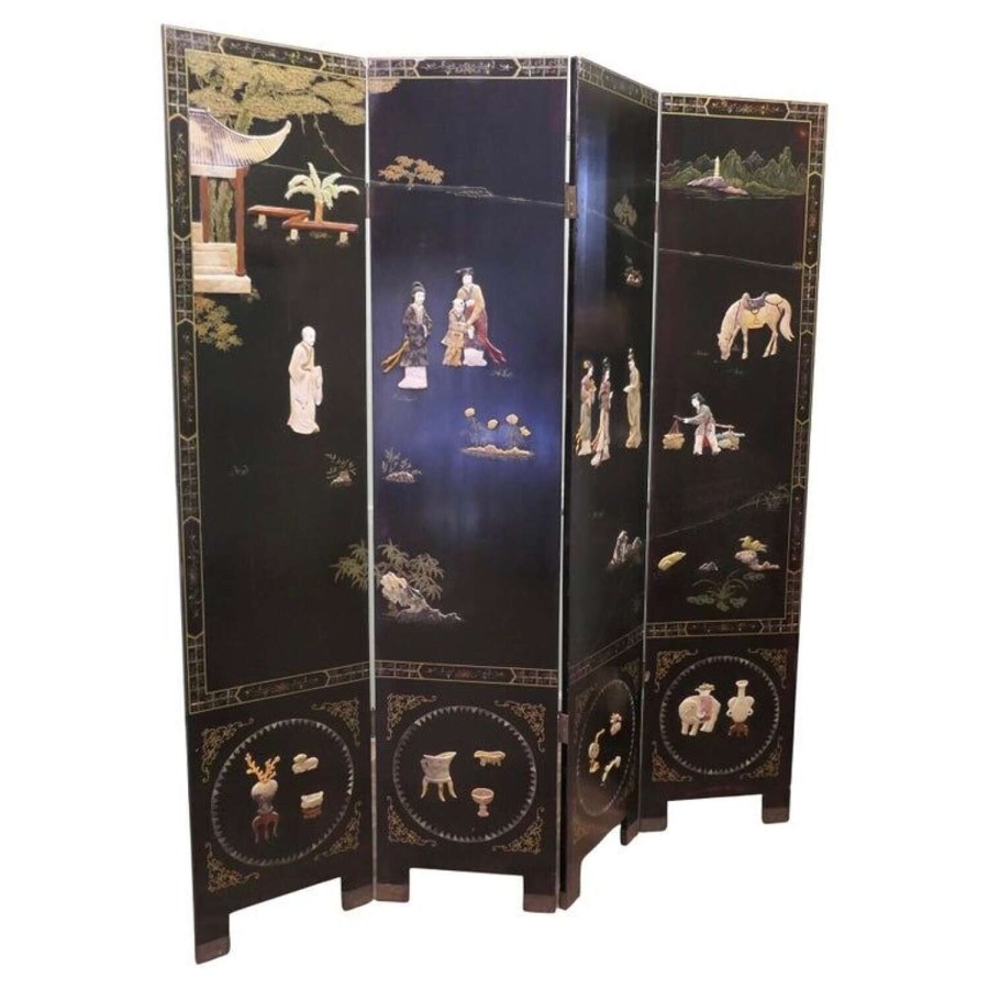 Japanese Decorated Lacquer and Painted Folding Screen