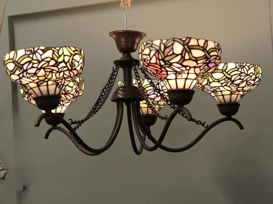 Large 5 Branch Ceiling Light, with Tiffany Style Lamp Shades