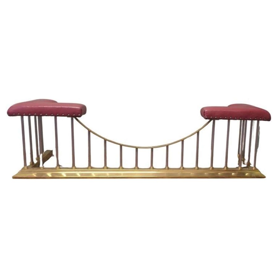 Leather Upholstered Brass and Steel Club Fender