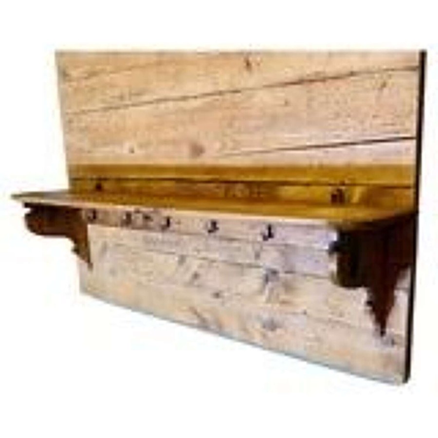 Long French Pine Wall Shelf, with Blacksmith made Hooks