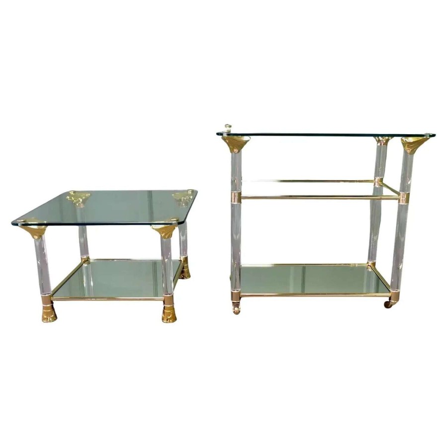 Mid Century Glass Drinks Trolley with Matching Side Table A Very Decorative set