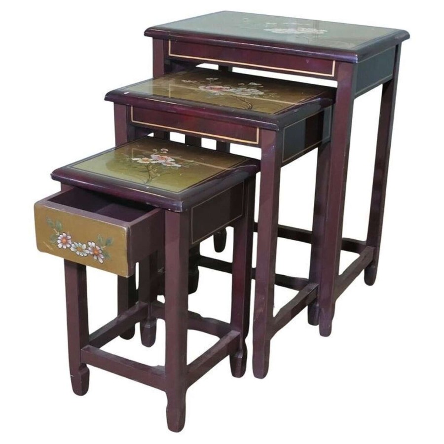 Nest of 3 Lacquered Painted Chinoiserie Tables