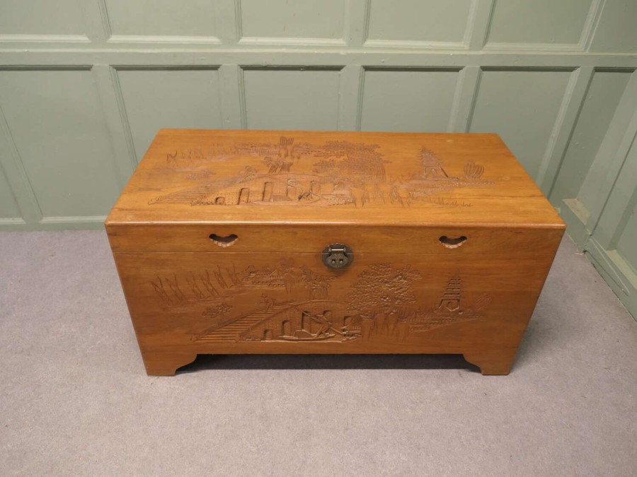 Oriental Minimalist Carved Camphor Wood Chest