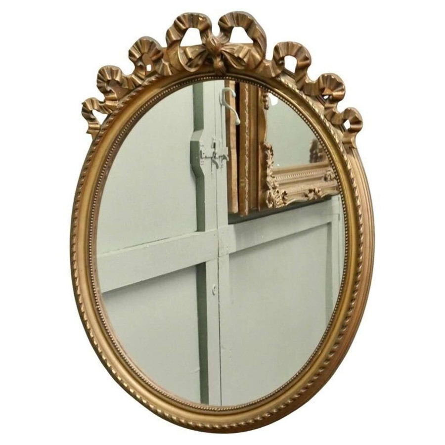 Oval Wall Hanging Gilt Mirror Decorated with Ribbons